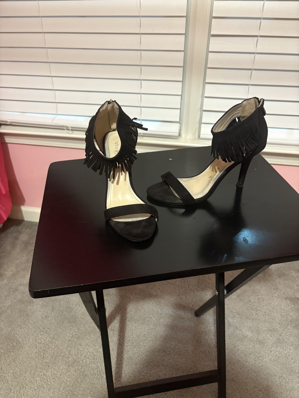 Fringe Ankle-Strap Black Suede Heels
